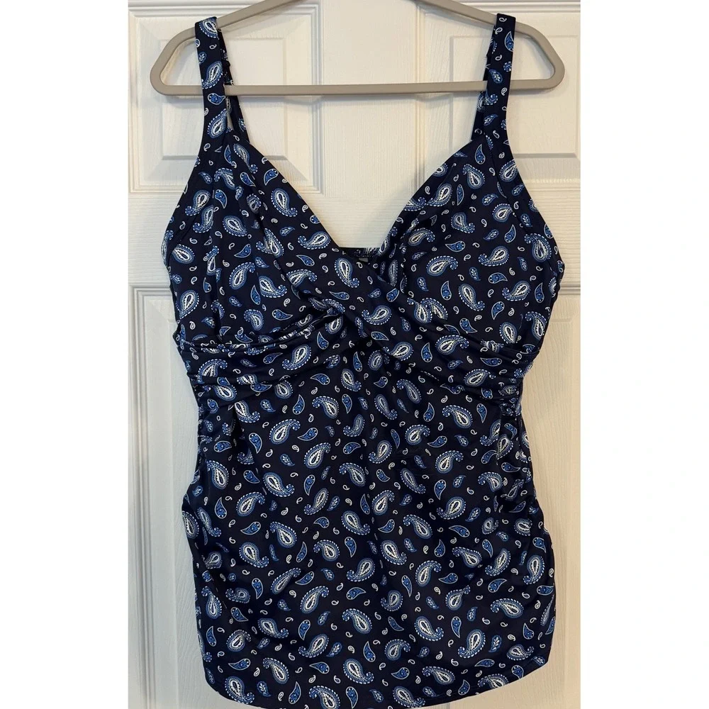 18w Underwire Tankini Lands End Tankini Swim‎ Top 18W Navy Paisley Underwire Bra Adjustable  Modest EUC